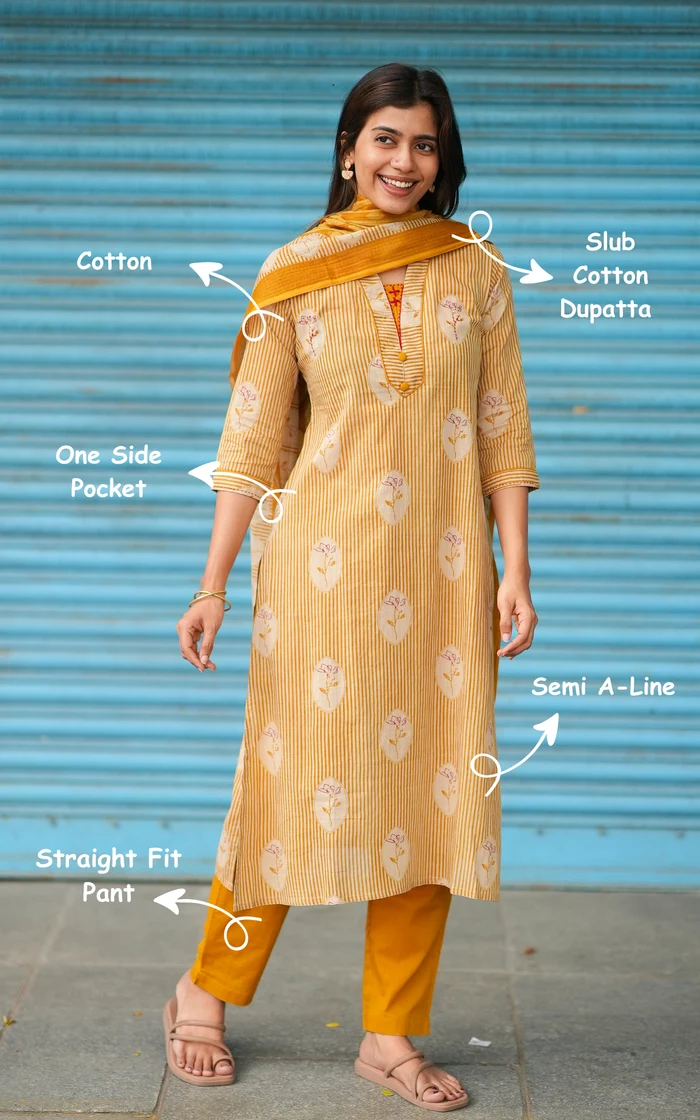 Mustard Yellow Aline Cotton Straight Kurti set